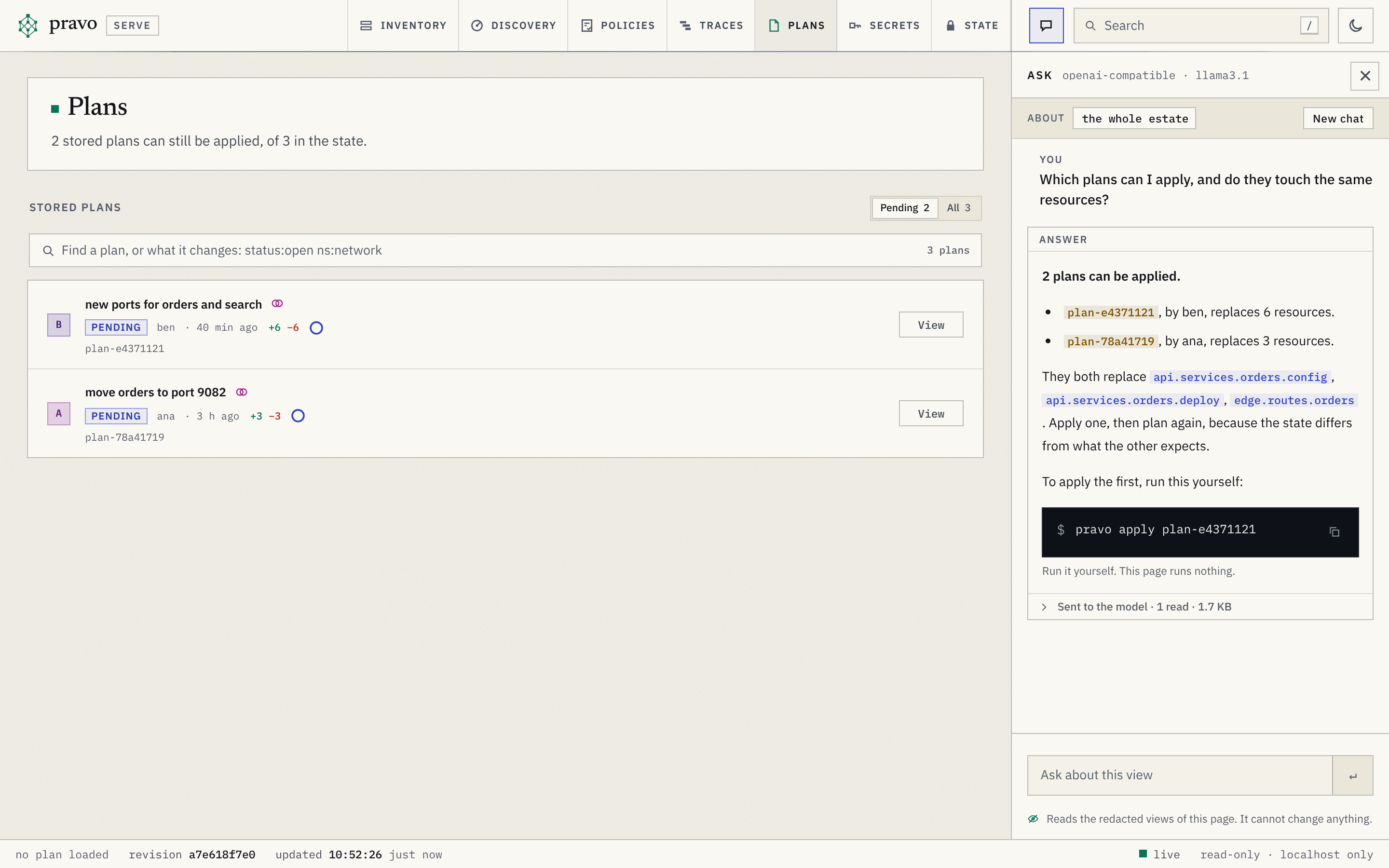 The Ask panel with the question Which plans can I apply, and do they touch the same resources. The answer says that 2 plans can be applied and lists the plan of ben, which replaces 6 resources, and the plan of ana, which replaces 3. It names the three resources that both replace as links, and gives the command pravo apply with the id of the first plan in a dark box, with the line Run it yourself. This page runs nothing. Under the answer a line reads Sent to the model, 1 read, 1.7 KB.