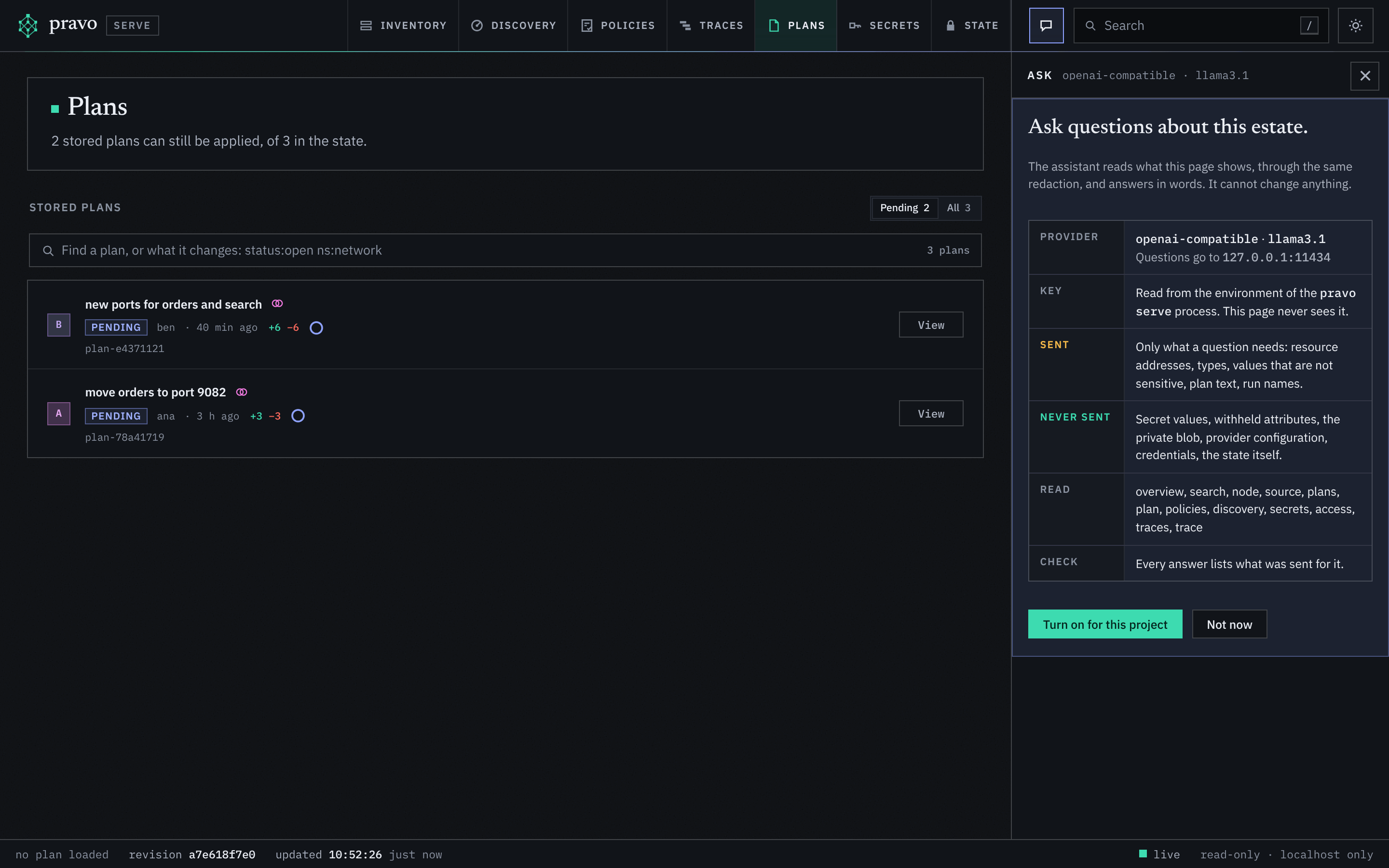 The viewer on the Plans section with the Ask panel open at the right. The head reads Ask, openai-compatible, llama3.1. The notice says Ask questions about this estate and lists the provider, with the address that questions go to, the key, what is sent, what is never sent, the reads that the model has and that every answer lists what was sent. Two buttons read Turn on for this project and Not now.