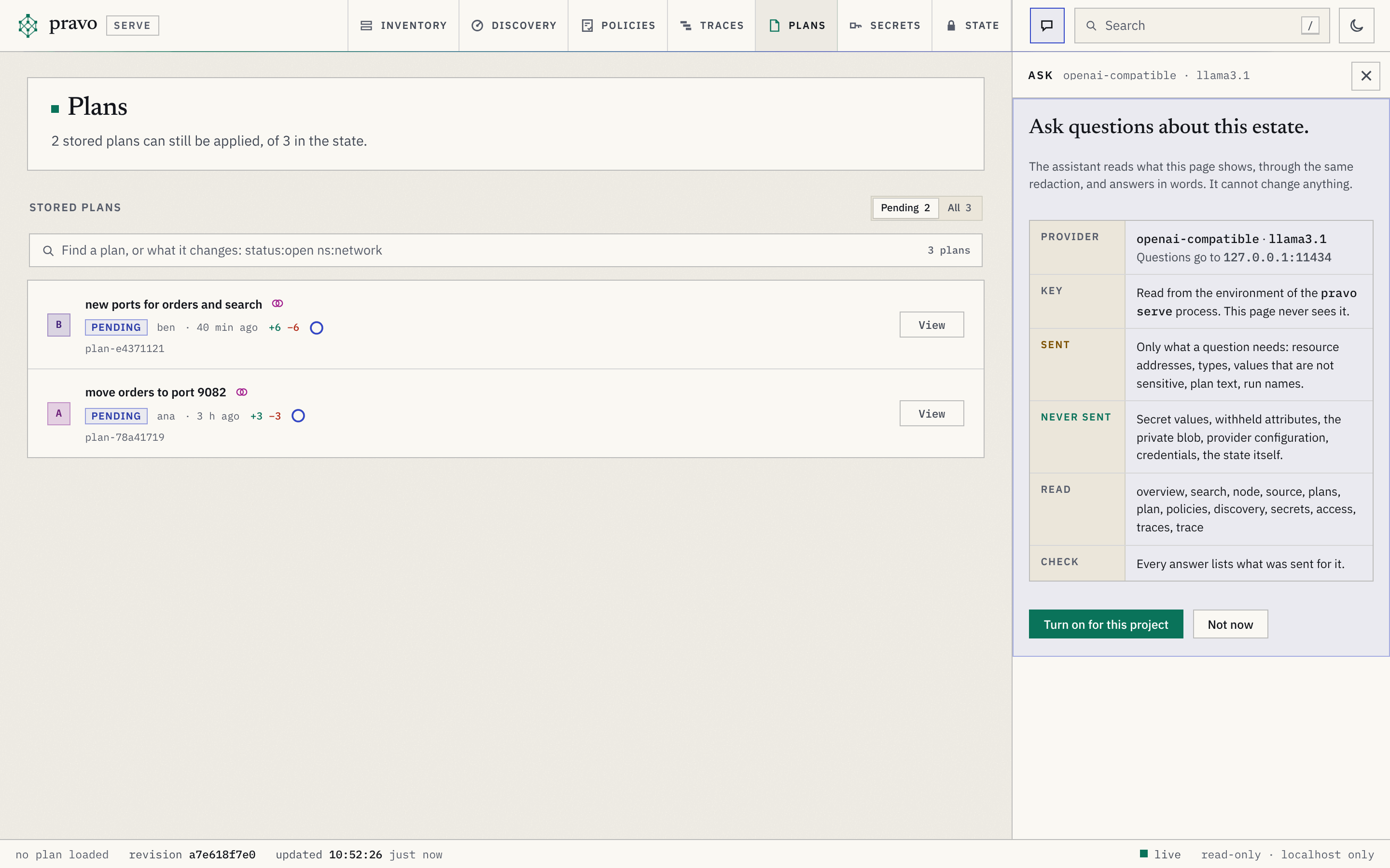 The viewer on the Plans section with the Ask panel open at the right. The head reads Ask, openai-compatible, llama3.1. The notice says Ask questions about this estate and lists the provider, with the address that questions go to, the key, what is sent, what is never sent, the reads that the model has and that every answer lists what was sent. Two buttons read Turn on for this project and Not now.
