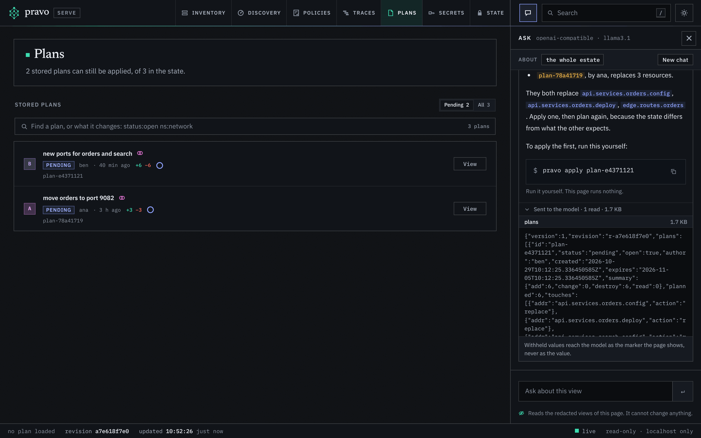 The Ask panel with Sent to the model open under the answer. One read is listed, plans, 1.7 KB, and opened: it holds the JSON of the stored plans that the viewer returned, with their ids, authors, summaries and the resources they touch. A line under it says that withheld values reach the model as the marker the page shows, never as the value.