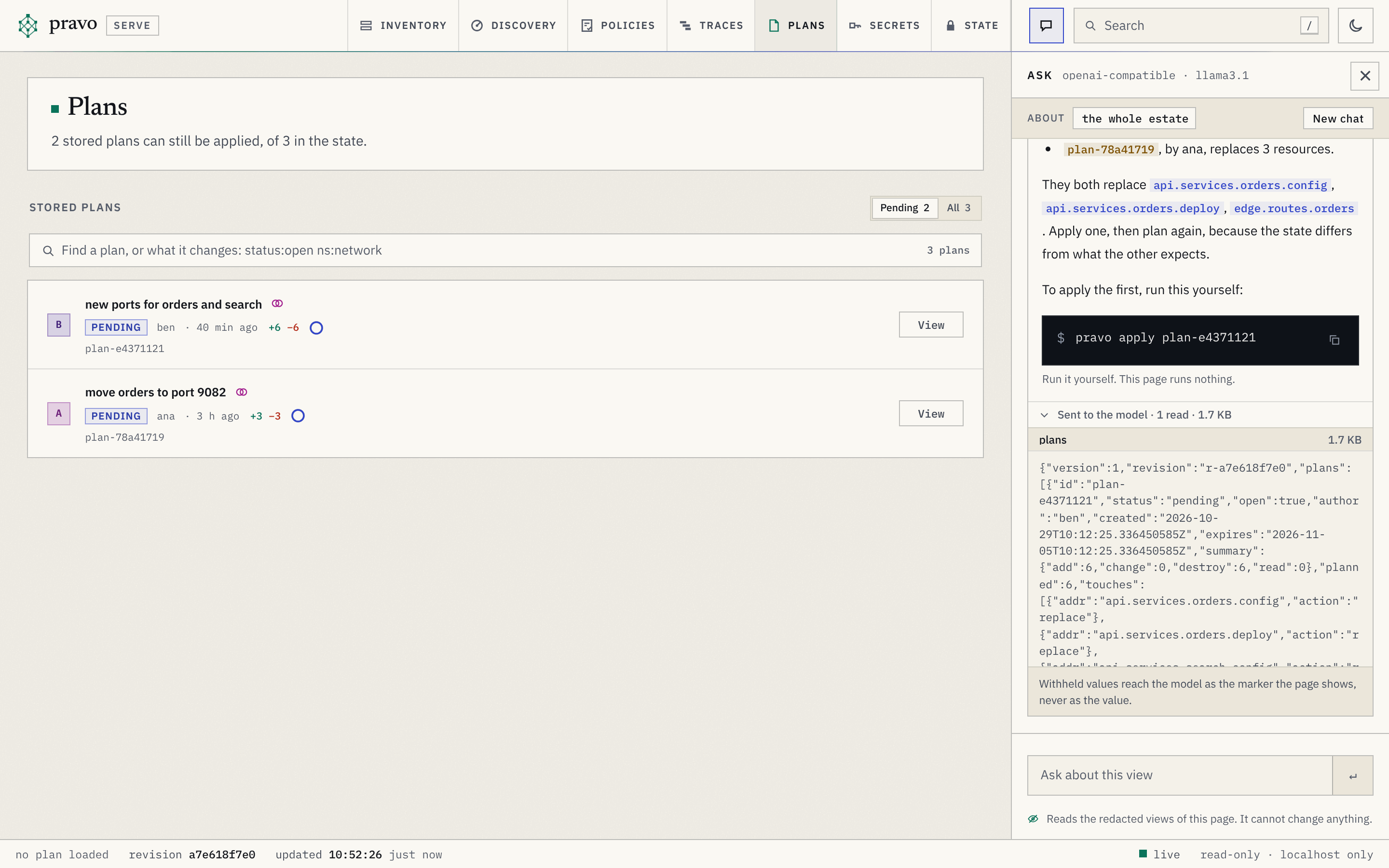 The Ask panel with Sent to the model open under the answer. One read is listed, plans, 1.7 KB, and opened: it holds the JSON of the stored plans that the viewer returned, with their ids, authors, summaries and the resources they touch. A line under it says that withheld values reach the model as the marker the page shows, never as the value.