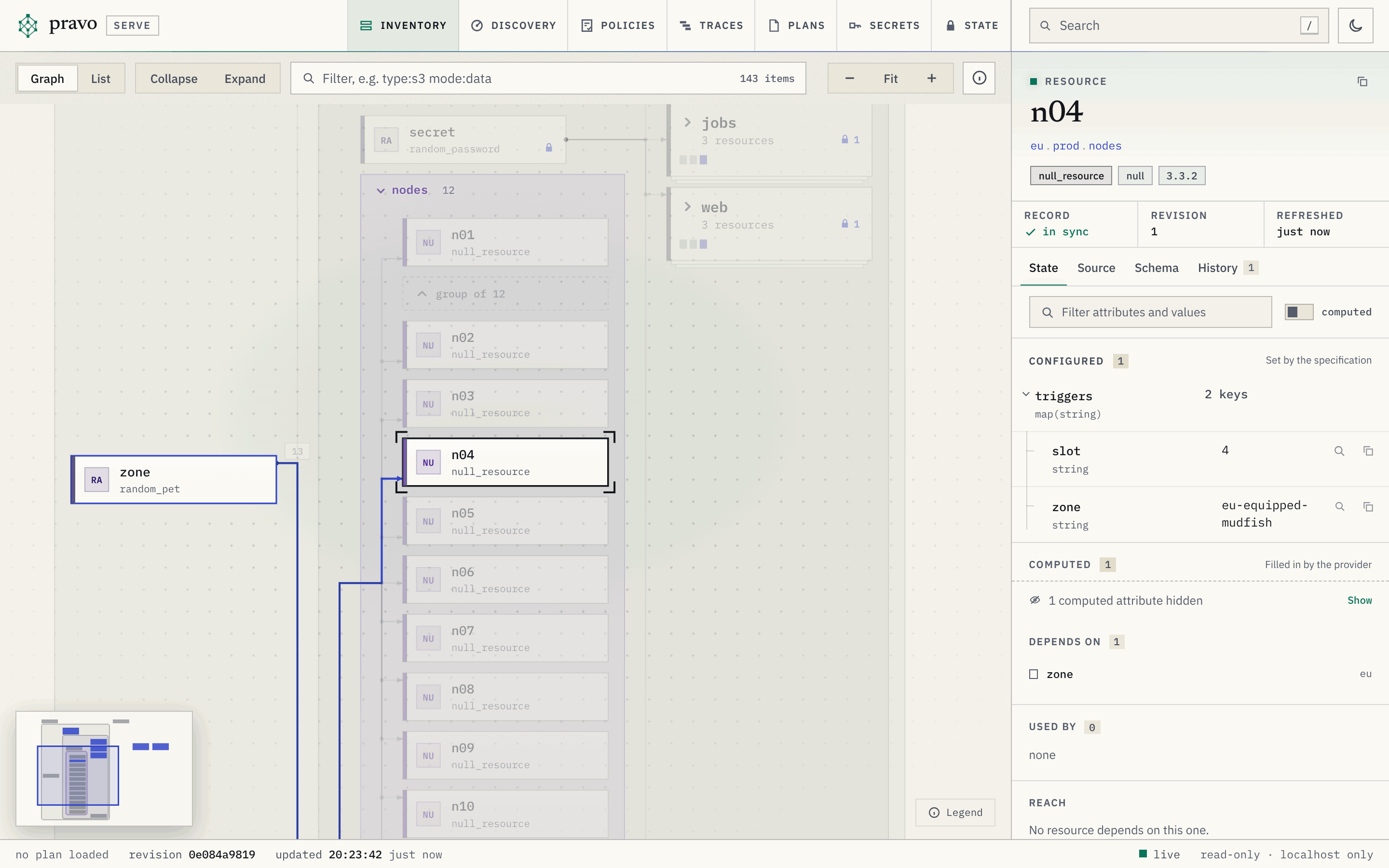The viewer with the cluster of null_resource nodes in the production environment of eu open. The members n01 to n10 stand in a column inside the group nodes, with a control that reads group of 12 under the first, and the node n04 is selected, with a wire from the resource eu.zone that it depends on. The inspector shows the State tab of n04: the configured map triggers with its two keys, one computed attribute hidden, and that it depends on zone.