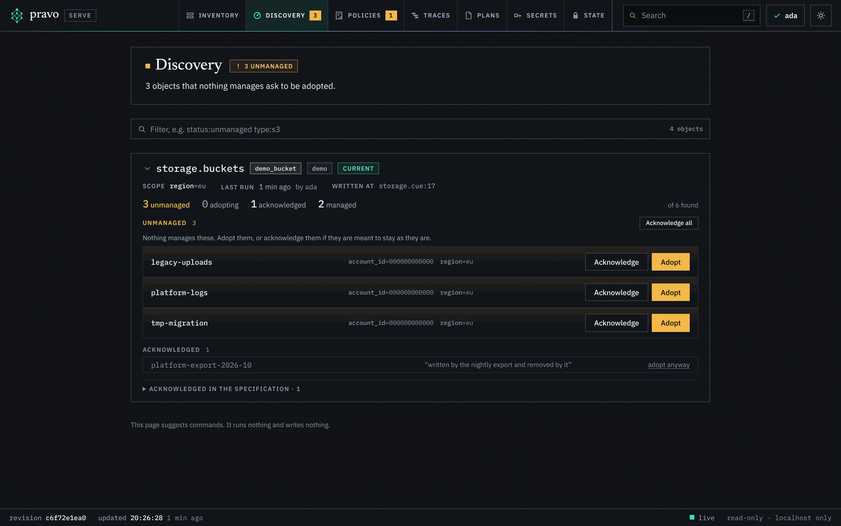 The Discovery section of the viewer. The head reads 3 unmanaged and says that 3 objects that nothing manages ask to be adopted. One card, storage.buckets, of the type demo_bucket on the provider demo with the chip current, shows the scope region=eu, the last run a minute ago by ada, where it is written, and the counts 3 unmanaged, 0 adopting, 1 acknowledged and 2 managed of 6 found. Under Unmanaged, the buckets legacy-uploads, platform-logs and tmp-migration each have their account_id and region and the buttons Acknowledge and Adopt. Under Acknowledged, platform-export-2026-10 with the reason written by the nightly export and removed by it, and a link adopt anyway. A footer says the page suggests commands and runs nothing.