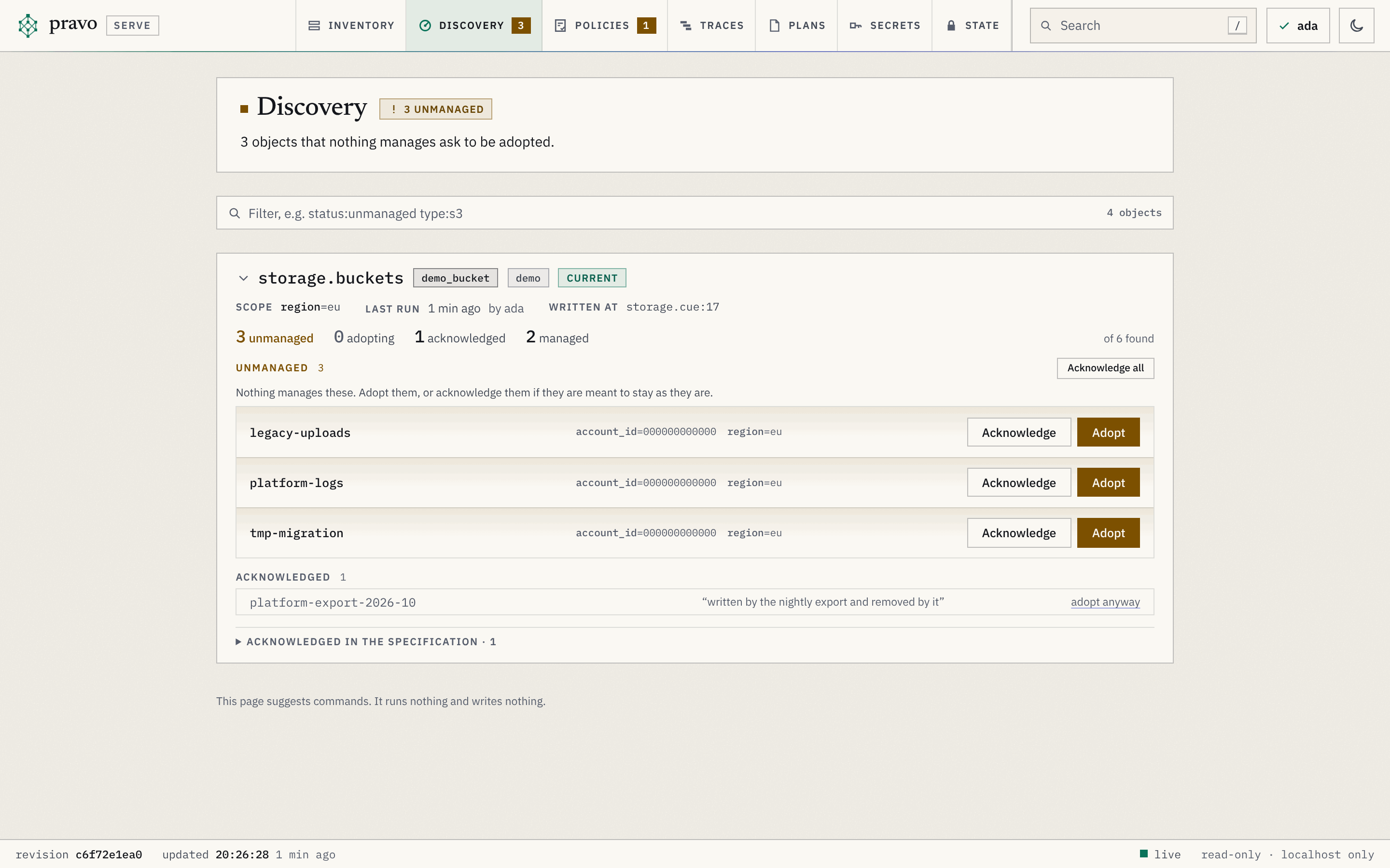 The Discovery section of the viewer. The head reads 3 unmanaged and says that 3 objects that nothing manages ask to be adopted. One card, storage.buckets, of the type demo_bucket on the provider demo with the chip current, shows the scope region=eu, the last run a minute ago by ada, where it is written, and the counts 3 unmanaged, 0 adopting, 1 acknowledged and 2 managed of 6 found. Under Unmanaged, the buckets legacy-uploads, platform-logs and tmp-migration each have their account_id and region and the buttons Acknowledge and Adopt. Under Acknowledged, platform-export-2026-10 with the reason written by the nightly export and removed by it, and a link adopt anyway. A footer says the page suggests commands and runs nothing.
