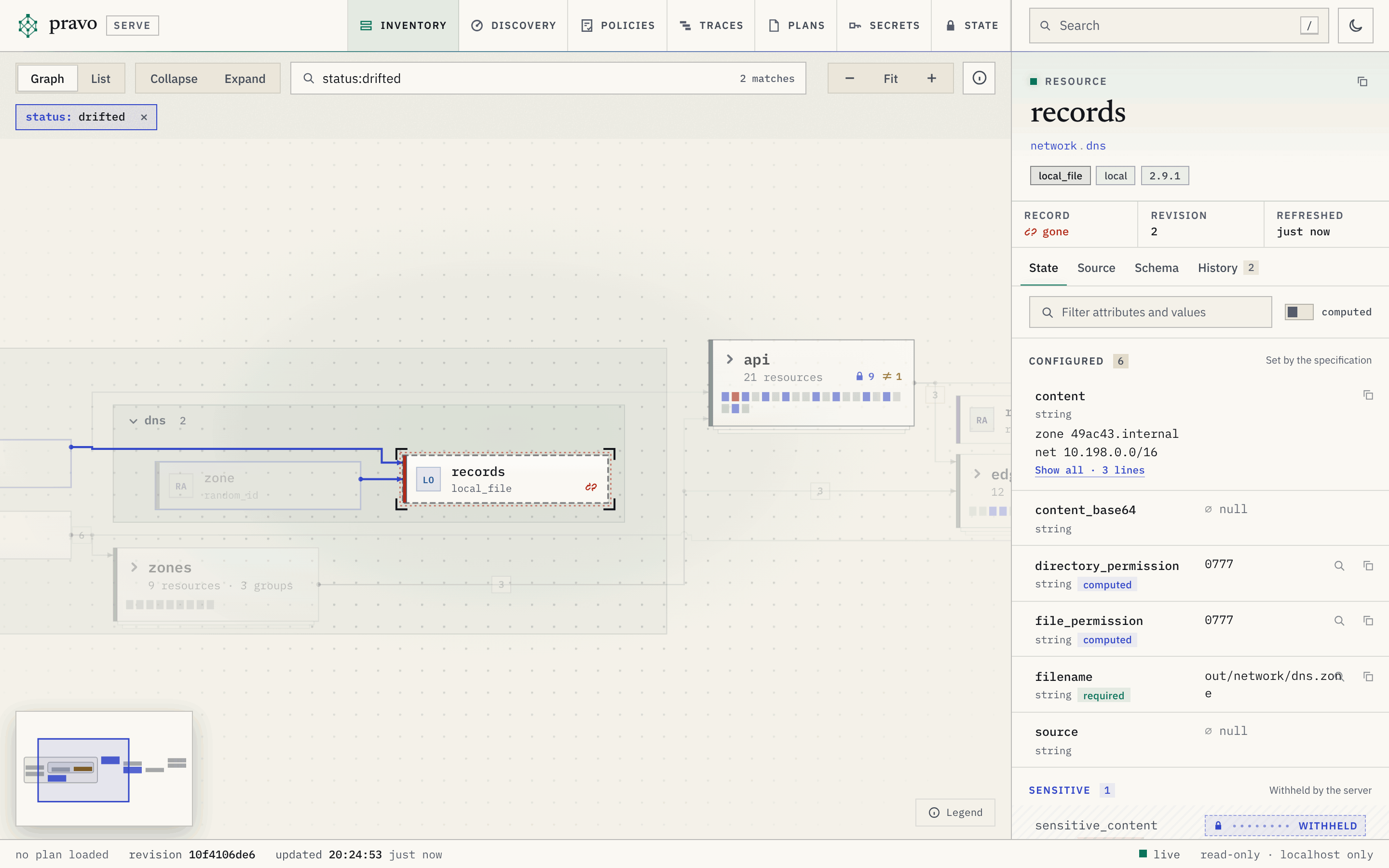The viewer filtered by status:drifted. The graph dims every resource but api.cache.config and network.dns.records, and the filter box holds status:drifted and says 2 matches. The inspector shows network.dns.records with the Record cell set to gone.