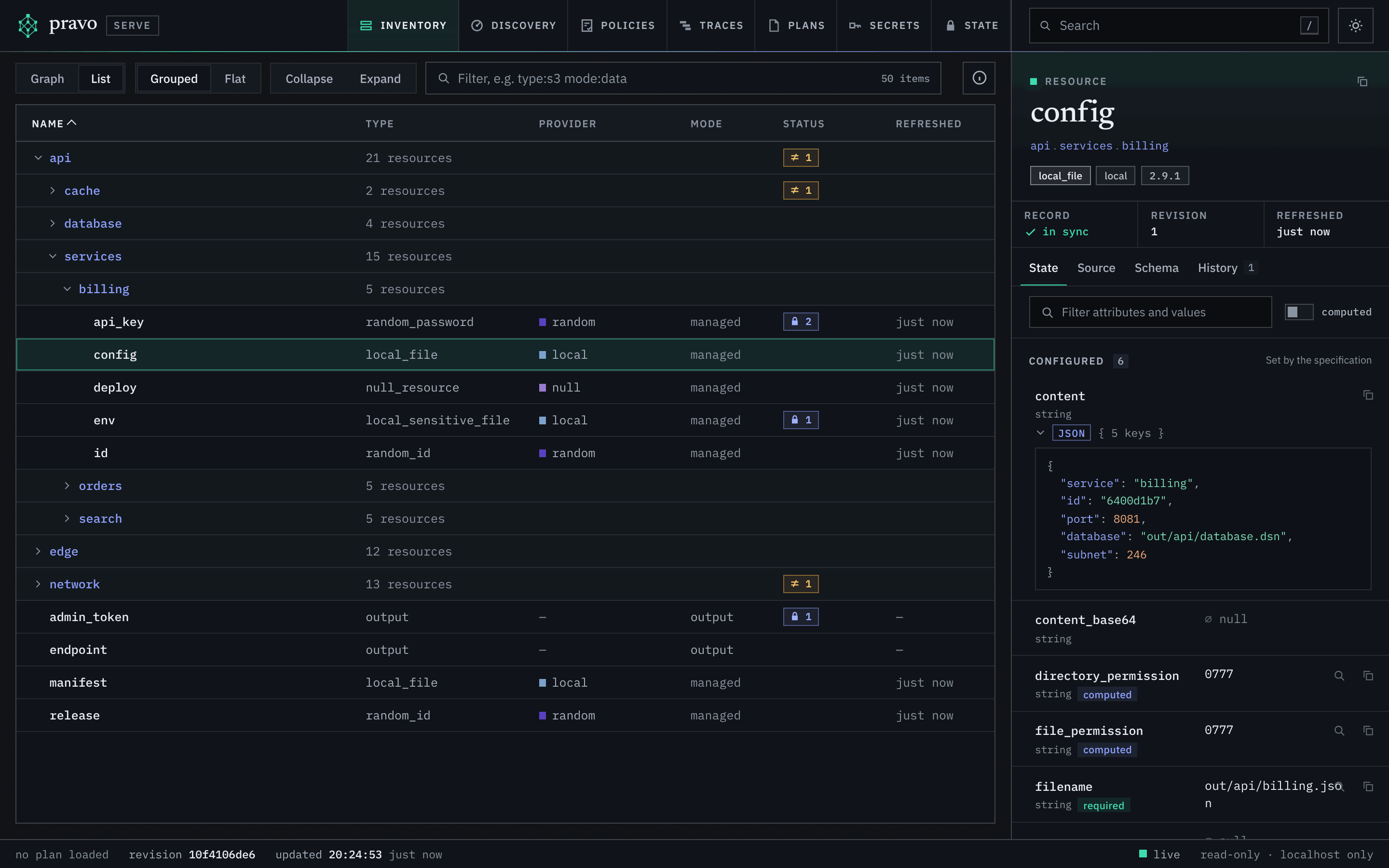 The viewer in the List view, grouped. A row for each group, with the number of resources below it, holds the rows of its resources, which have the columns Name, Type, Provider, Mode, Status and Refreshed. The groups api, api.cache and network carry a drift mark that says 1. The resources api_key and env of billing carry a lock with the number of their sensitive values, and the outputs admin_token and endpoint are rows of the mode output. The inspector shows the selected resource config.