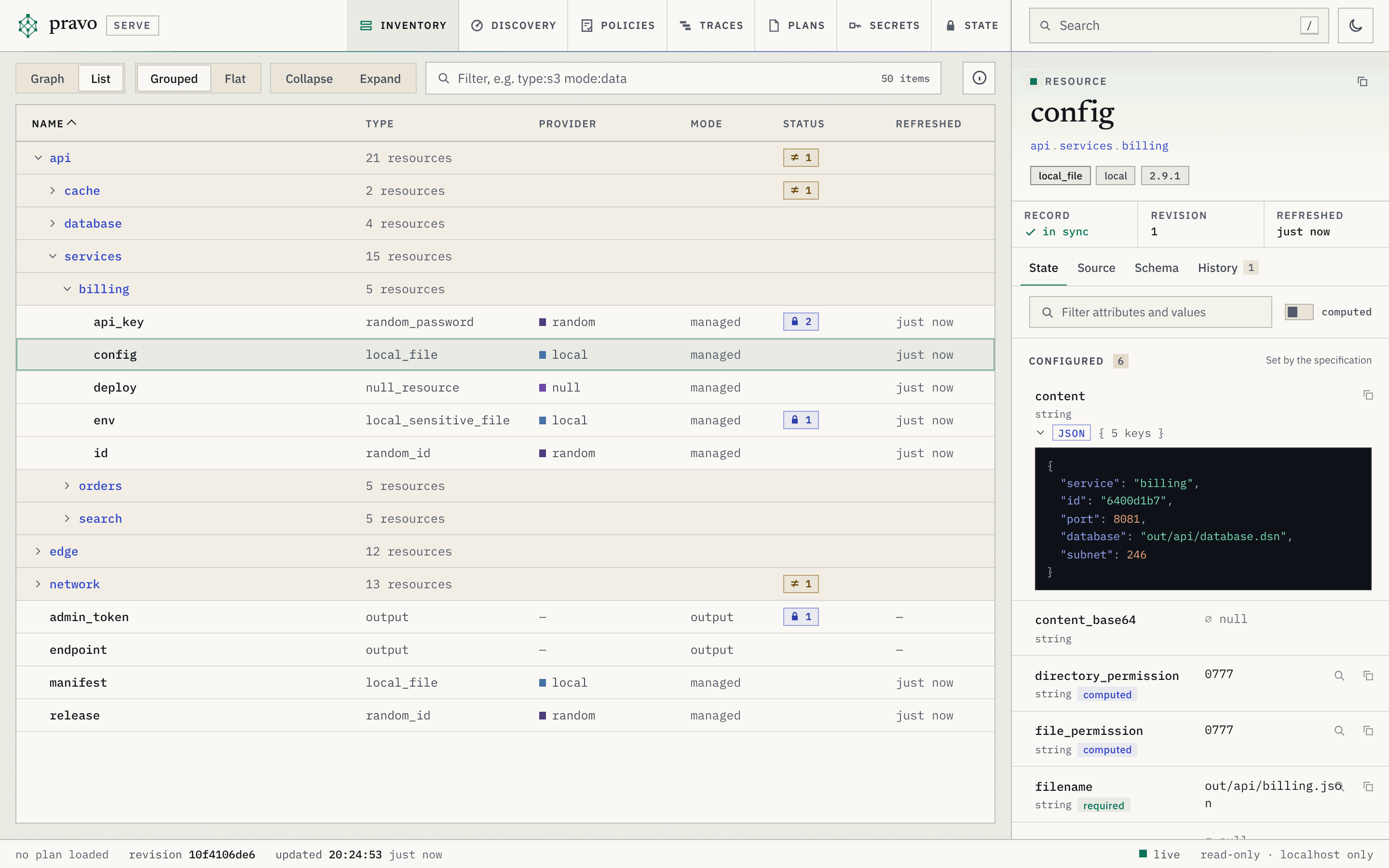 The viewer in the List view, grouped. A row for each group, with the number of resources below it, holds the rows of its resources, which have the columns Name, Type, Provider, Mode, Status and Refreshed. The groups api, api.cache and network carry a drift mark that says 1. The resources api_key and env of billing carry a lock with the number of their sensitive values, and the outputs admin_token and endpoint are rows of the mode output. The inspector shows the selected resource config.