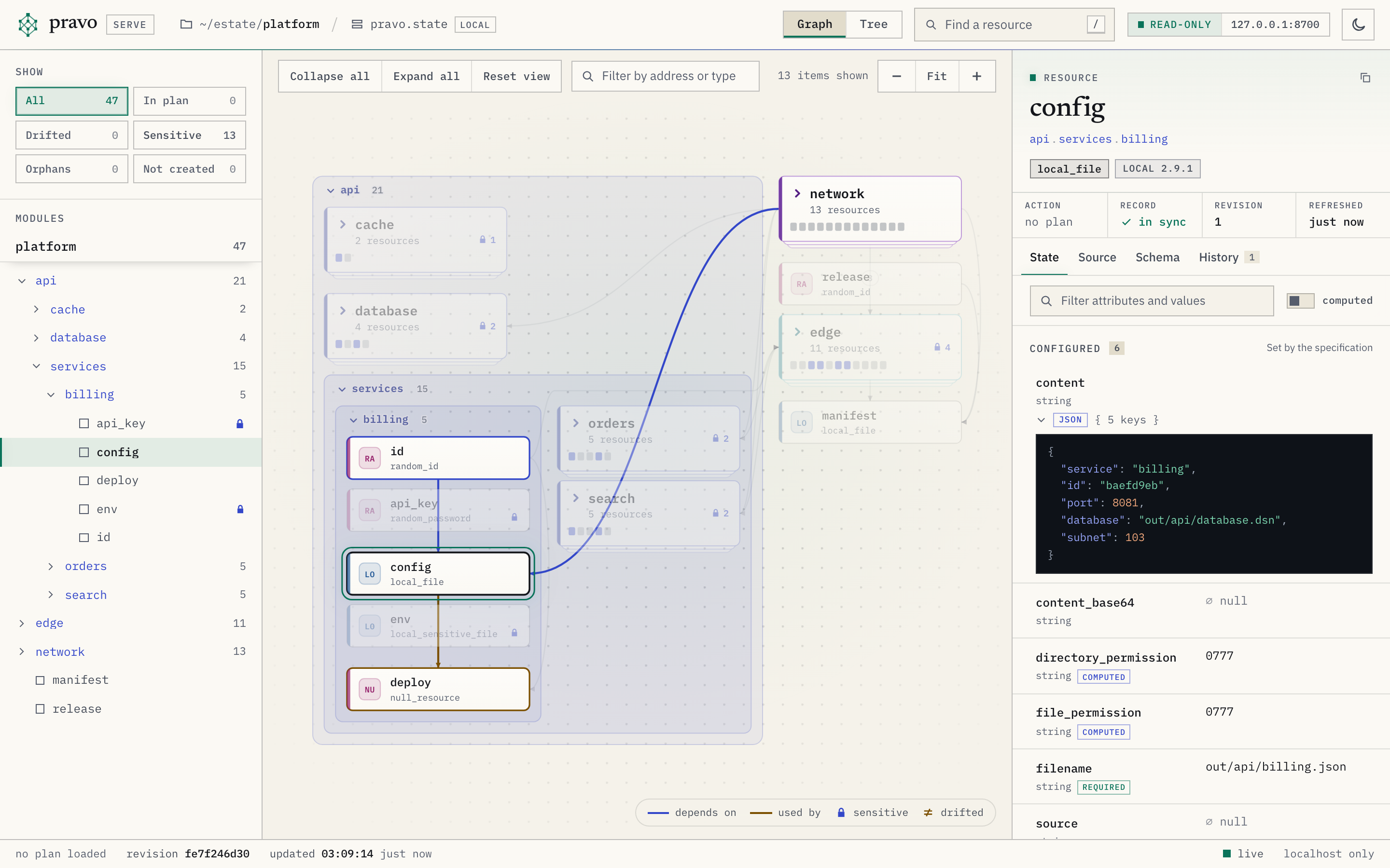 The viewer with the modules network and edge drawn as cards that say 13 and 11 resources. The module api is open: its services lane holds the open module billing and the cards orders and search, and its cache and database are cards.