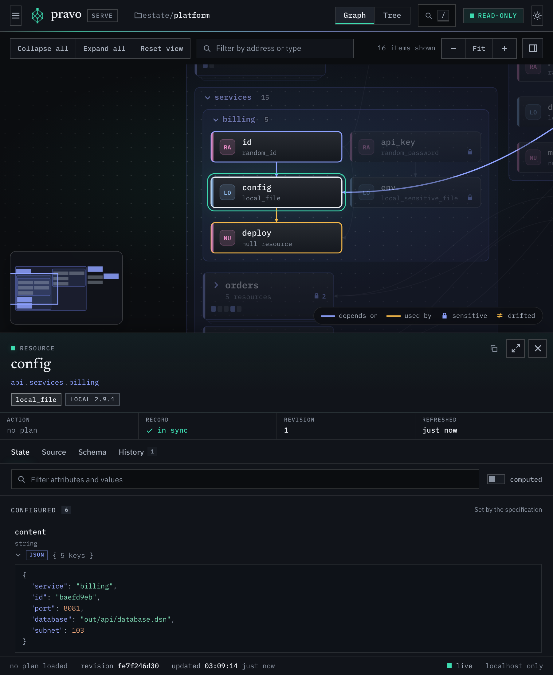 The viewer in a narrow window. The graph fills the top of the window with a menu button at the left of the bar, and the inspector of the selected resource is a panel under the graph.
