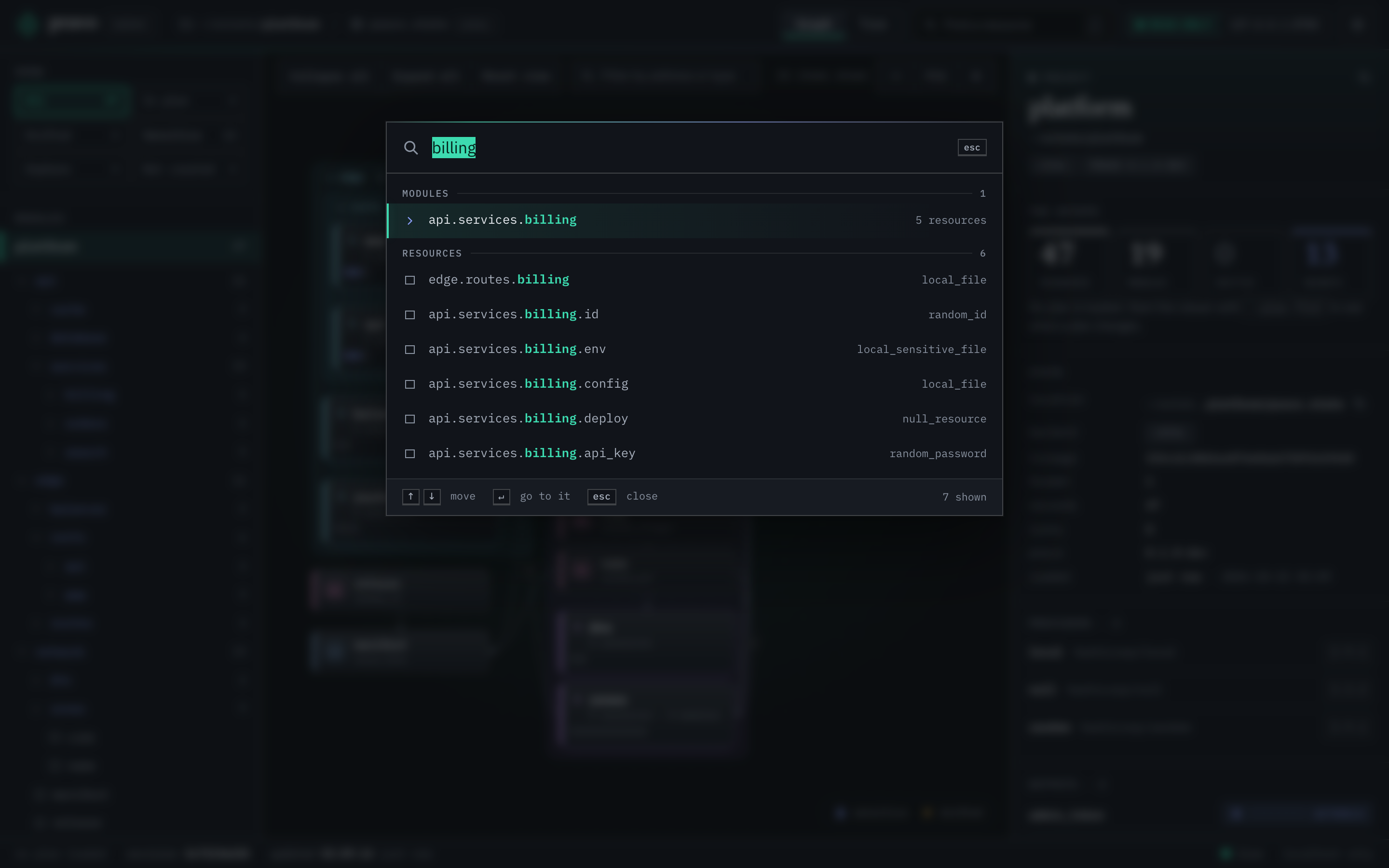 The viewer with the search palette open over the graph. The query billing finds one module, api.services.billing with 5 resources, and six resources: edge.routes.billing and the five resources of api.services.billing.