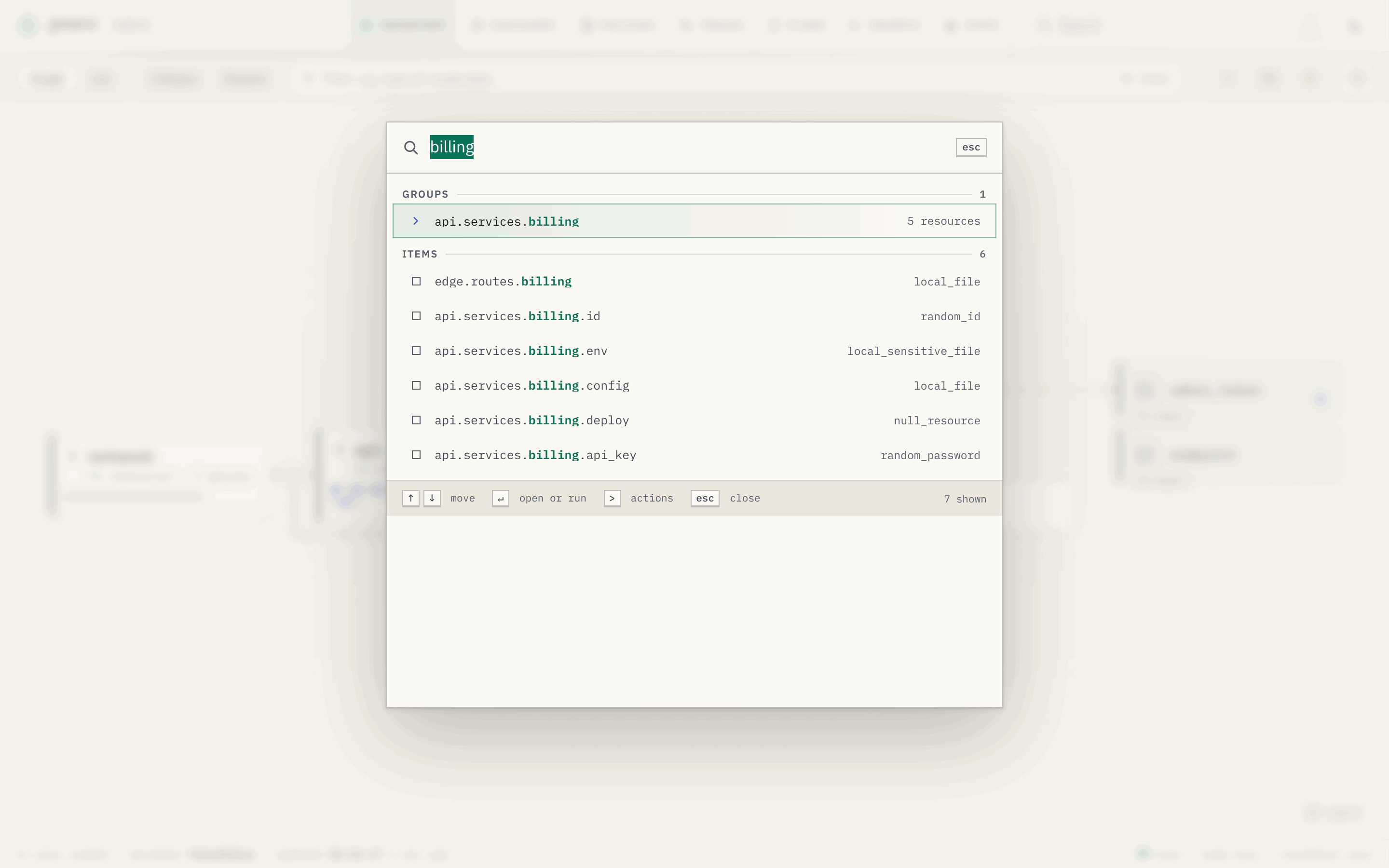 The viewer with the command palette open over the graph. The query billing finds one group, api.services.billing with 5 resources, and six resources: edge.routes.billing and the five resources of api.services.billing, each with its type.