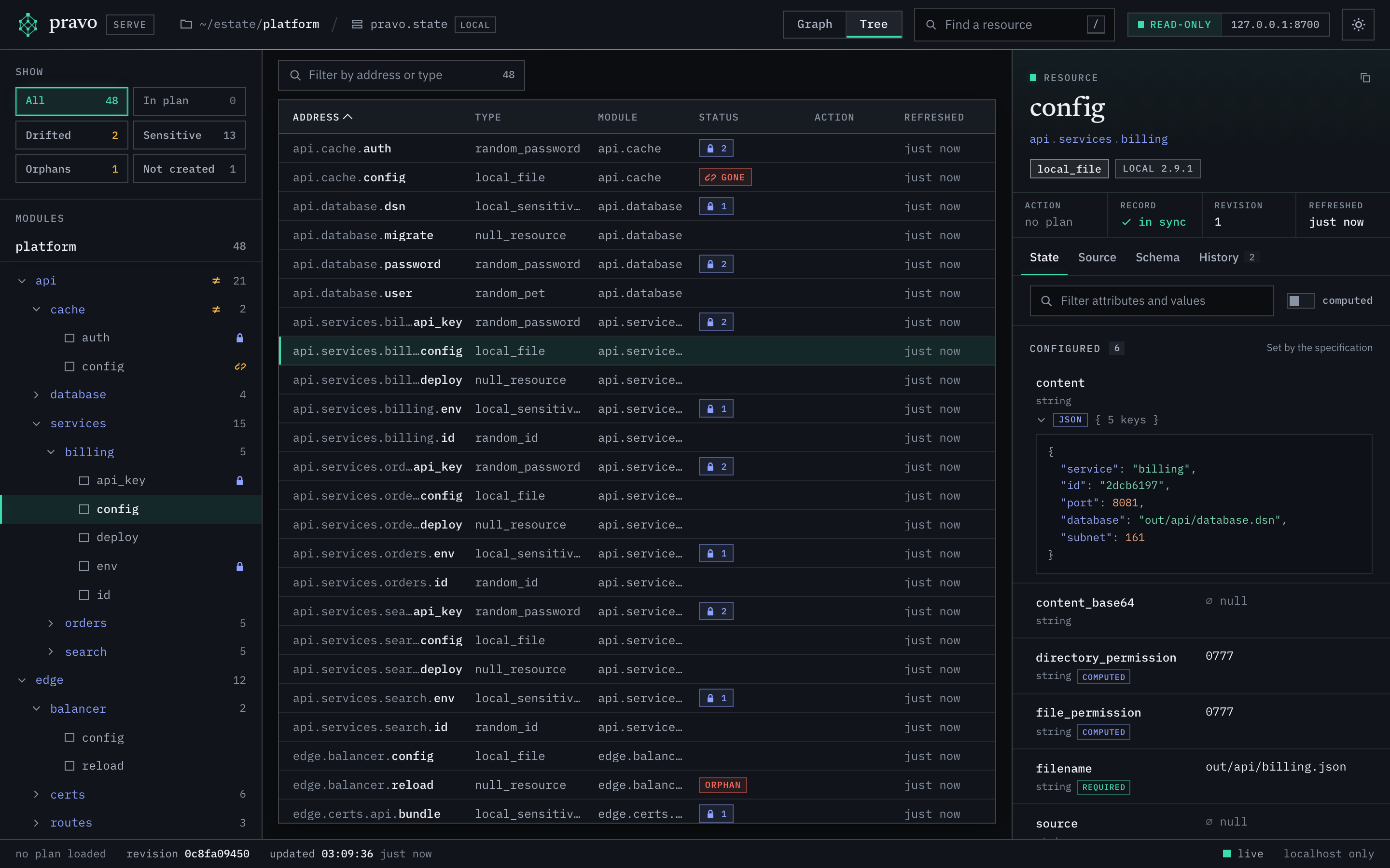 The viewer in the Tree view. A table lists the resources with the columns Address, Type, Module, Status, Action and Refreshed. The Status column shows the number of sensitive values, the mark gone and the mark orphan. The inspector shows the selected resource.